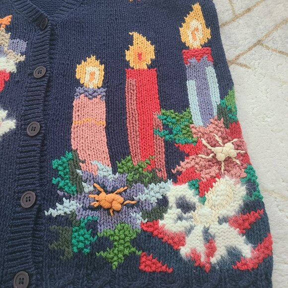 Vintage Crystal Kobe Santa Christmas Sweater Vest S M 80s Holiday Knit Candles - Picture 7 of 7